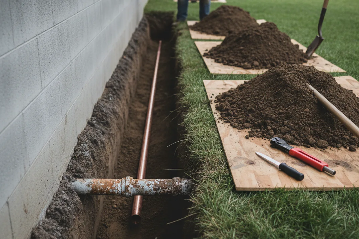 Excavated water line trench during Water Heater Repair in Hollis